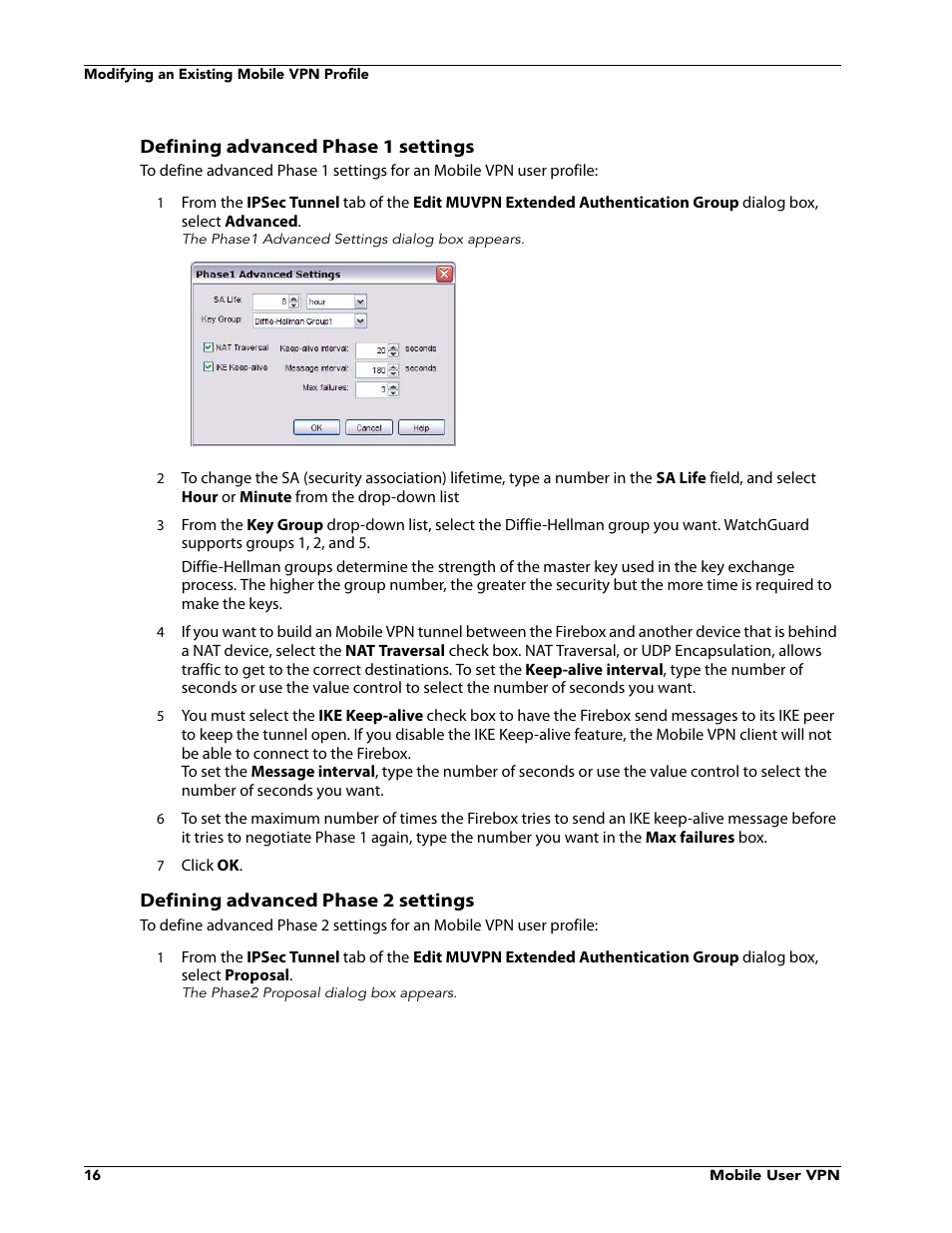 Defining advanced phase 1 settings, Defining advanced phase 2 settings | WatchGuard VPN v10.0 User Manual | Page 18 / 38