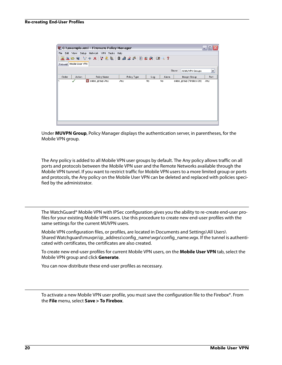 Using the any policy, Re-creating end-user profiles, Saving the profile to a firebox | WatchGuard VPN v10.0 User Manual | Page 22 / 38