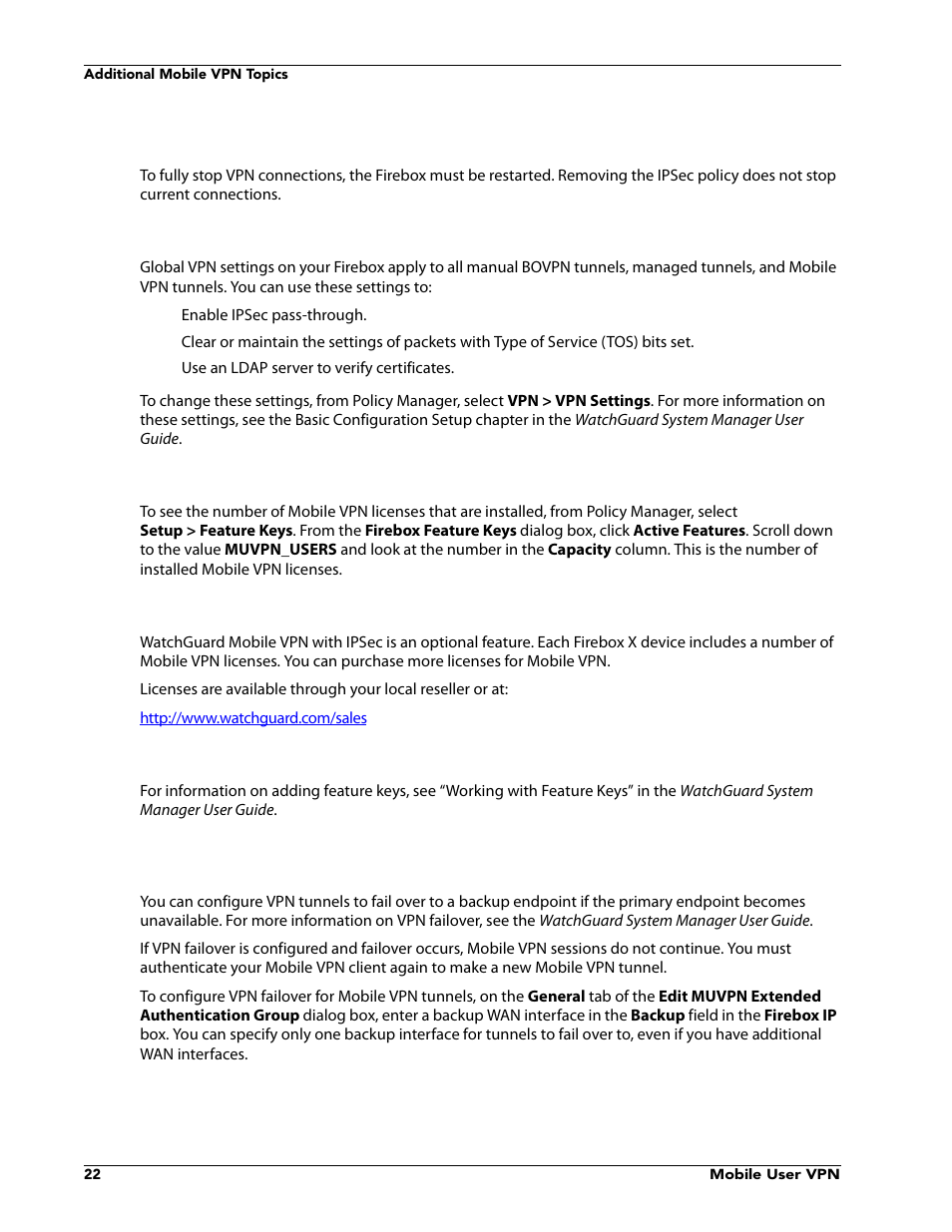 Terminating ipsec connections, Global vpn settings, Seeing the number of mobile vpn licenses | Purchasing additional mobile vpn licenses, Adding feature keys, Mobile vpn and vpn failover | WatchGuard VPN v10.0 User Manual | Page 24 / 38