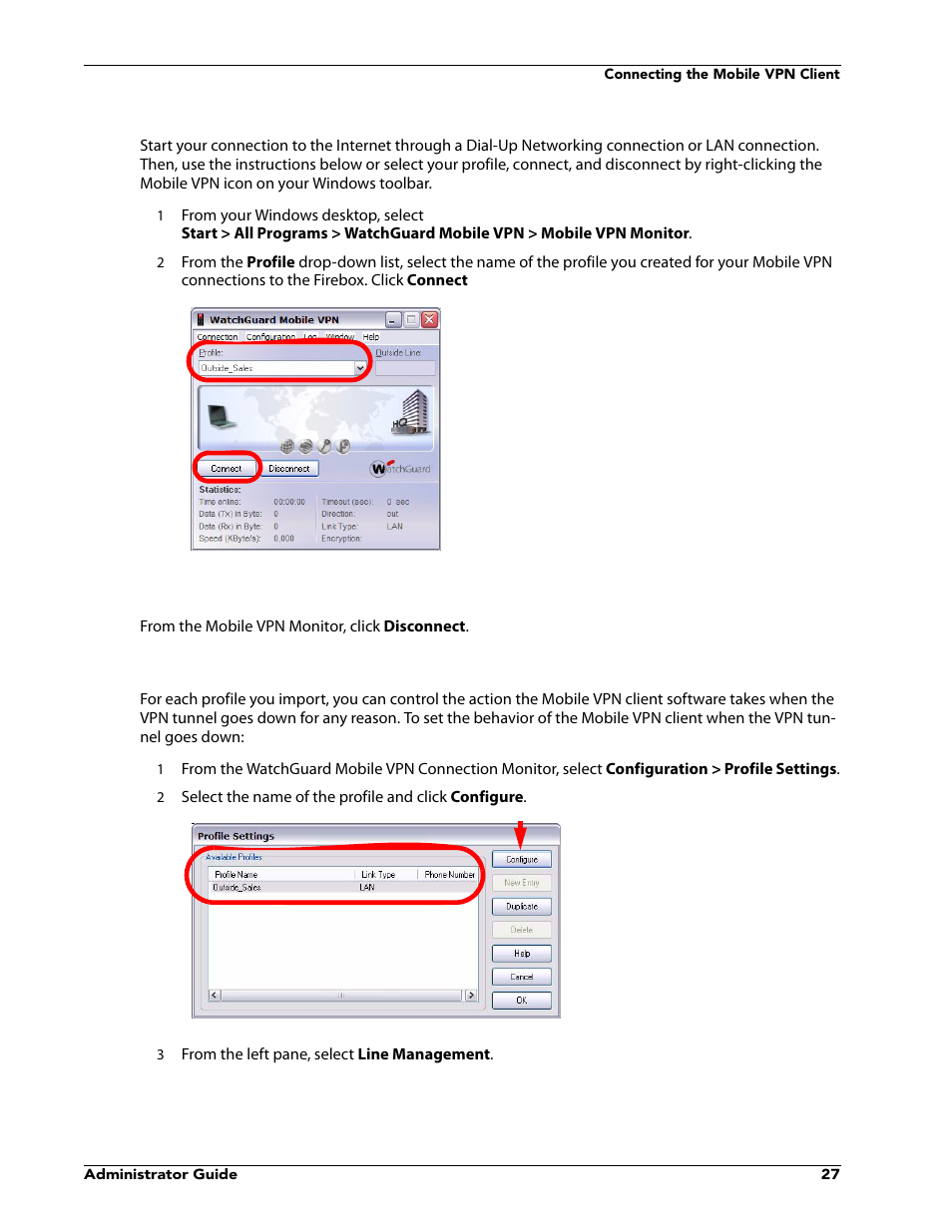 Disconnecting the mobile vpn client, Controlling connection behavior | WatchGuard VPN v10.0 User Manual | Page 29 / 38