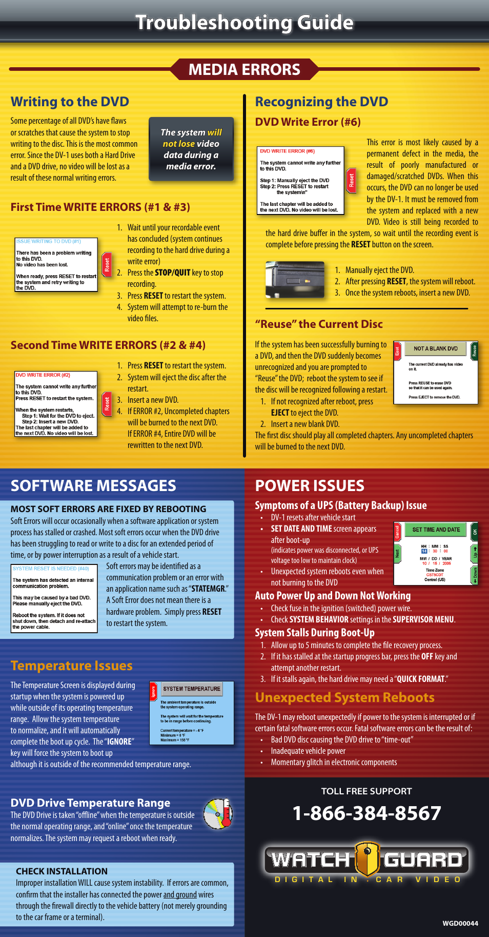 Troubleshooting guide, Media errors, Software messages | Power issues, Writing to the dvd, Recognizing the dvd, Temperature issues unexpected system reboots | WatchGuard Technologies DV-1 User Manual | Page 2 / 2