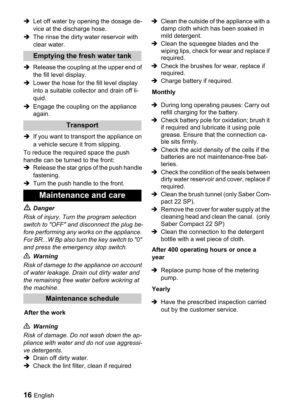 Maintenance and care | Windsor Saber Compact 22 User Manual | Page 16 / 72