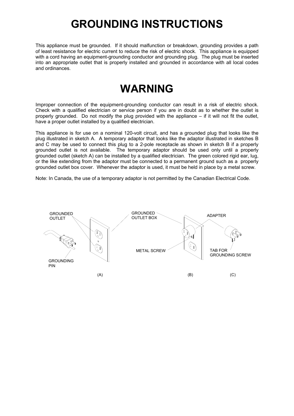 Grounding instructions, Warning | Windsor SRXP15 User Manual | Page 4 / 18