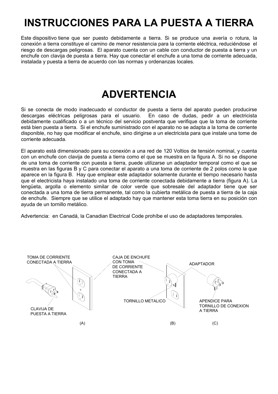 Instrucciones para la puesta a tierra, Advertencia | Windsor SRXP15 User Manual | Page 5 / 18