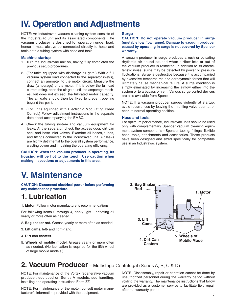 V. maintenance, Iv. operation and adjustments, Lubrication | Vacuum producer | Spencer SeriesA,B,C,D,V User Manual | Page 7 / 16