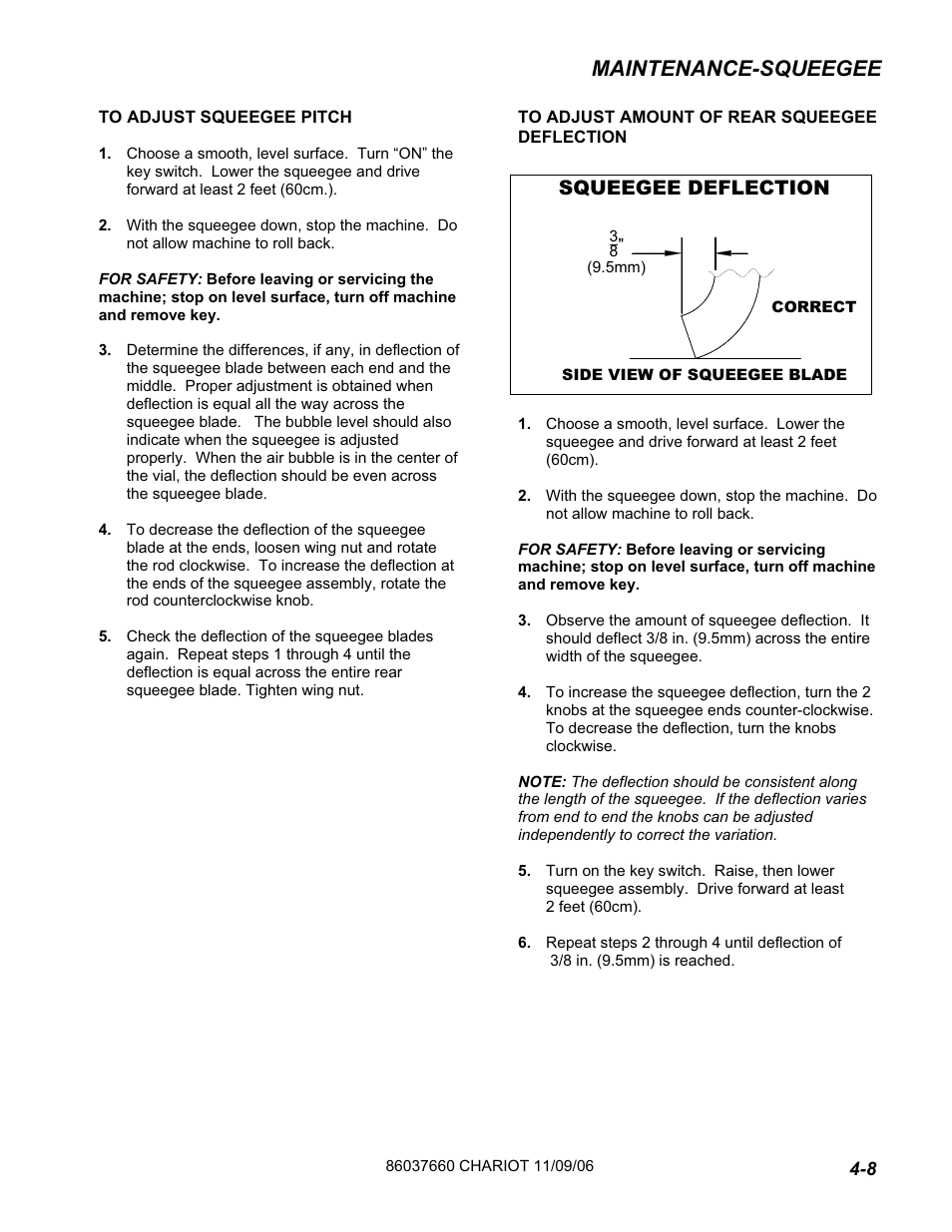 Maintenance-squeegee, Squeegee deflection | Windsor ISCRUB CSE24 10060250 User Manual | Page 35 / 61