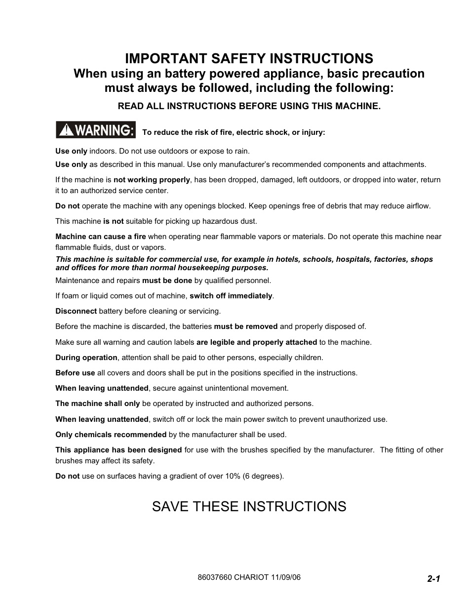 Important safety instructions, Save these instructions | Windsor ISCRUB CSE24 10060250 User Manual | Page 5 / 61