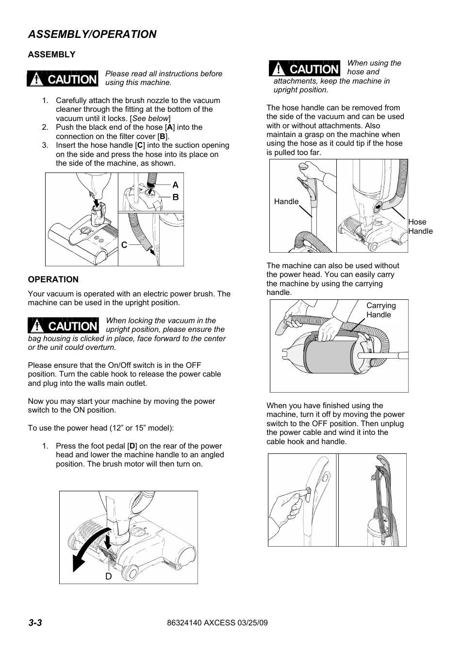 632-414-0 pg 3-3eng, Caution ! caution ! caution, Assembly/operation | Windsor AXCESS 12 1.012-062.0 User Manual | Page 10 / 52