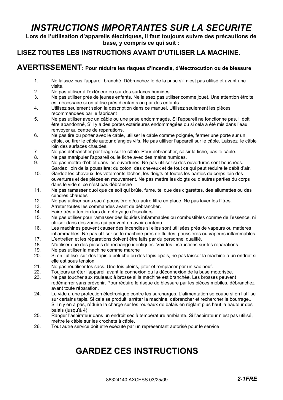 632-414-0 -pg2-1fre, Instructions importantes sur la securite, Gardez ces instructions | Avertissement | Windsor AXCESS 12 1.012-062.0 User Manual | Page 19 / 52