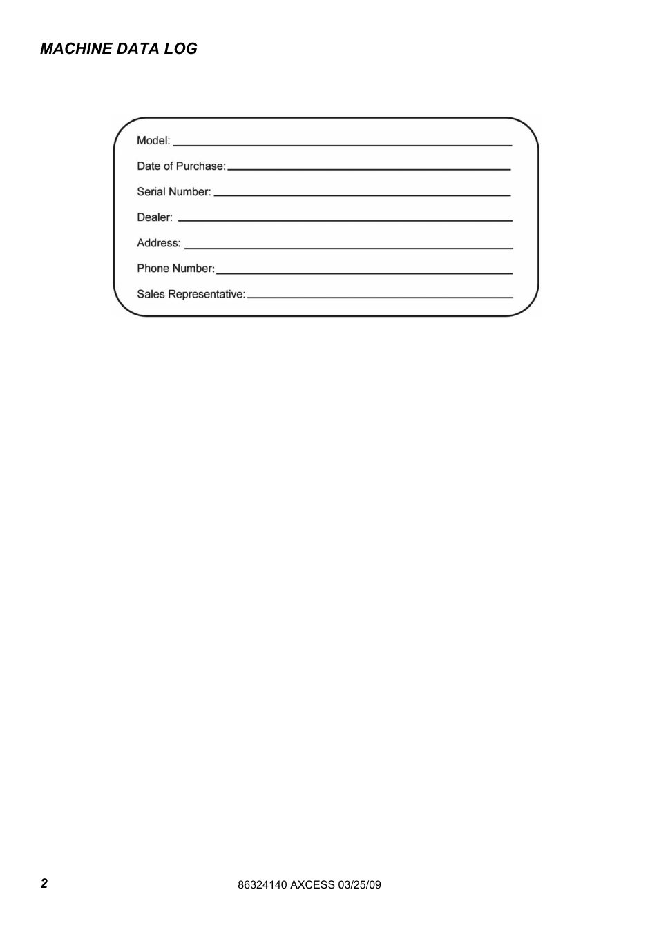 632-414-0 pg 2 eng, Machine data log | Windsor AXCESS 12 1.012-062.0 User Manual | Page 2 / 52