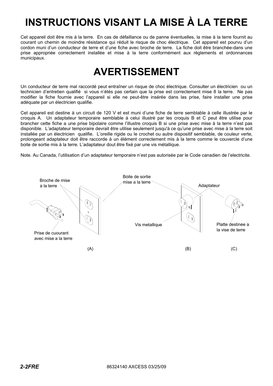 632-414-0 -pg2-2fre, Instructions visant la mise à la terre, Avertissement | Windsor AXCESS 12 1.012-062.0 User Manual | Page 20 / 52