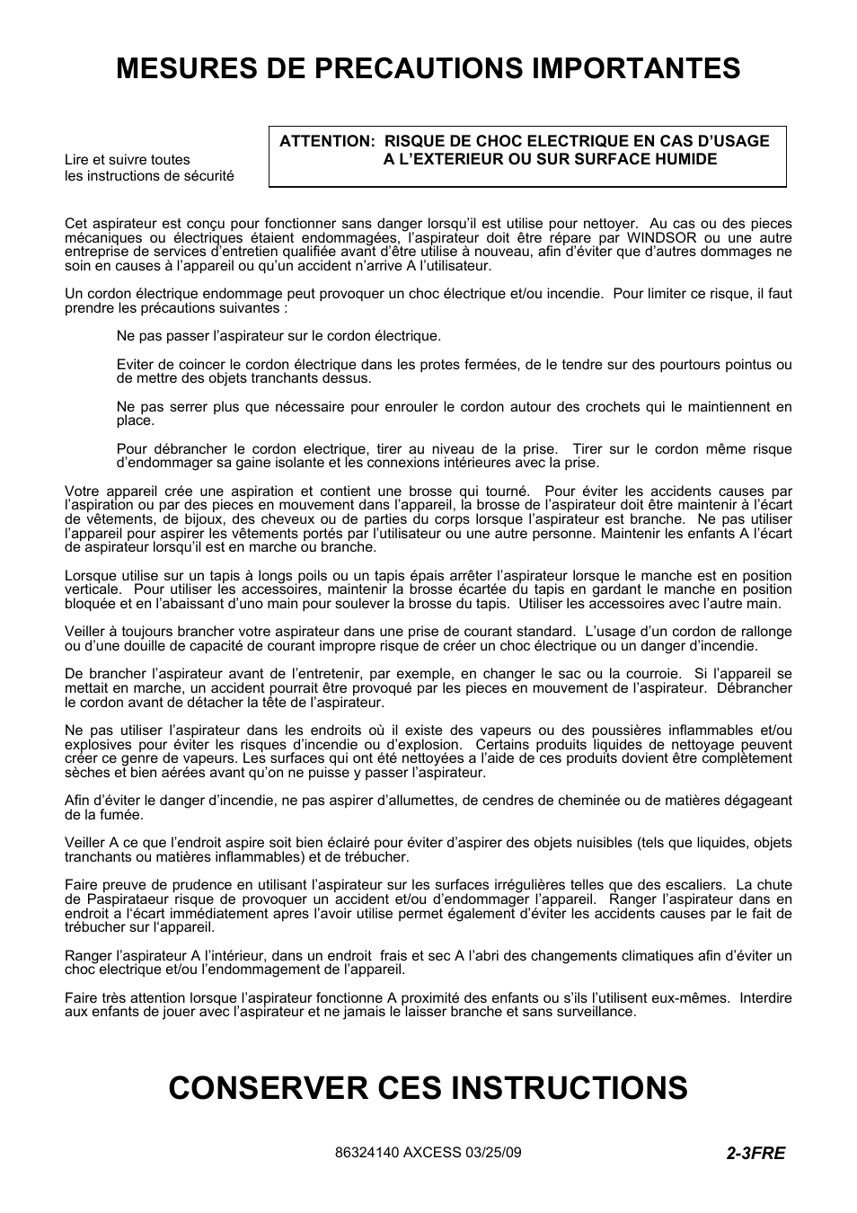 632-414-0 -pg2-3fre, Conserver ces instructions, Mesures de precautions importantes | Windsor AXCESS 12 1.012-062.0 User Manual | Page 21 / 52