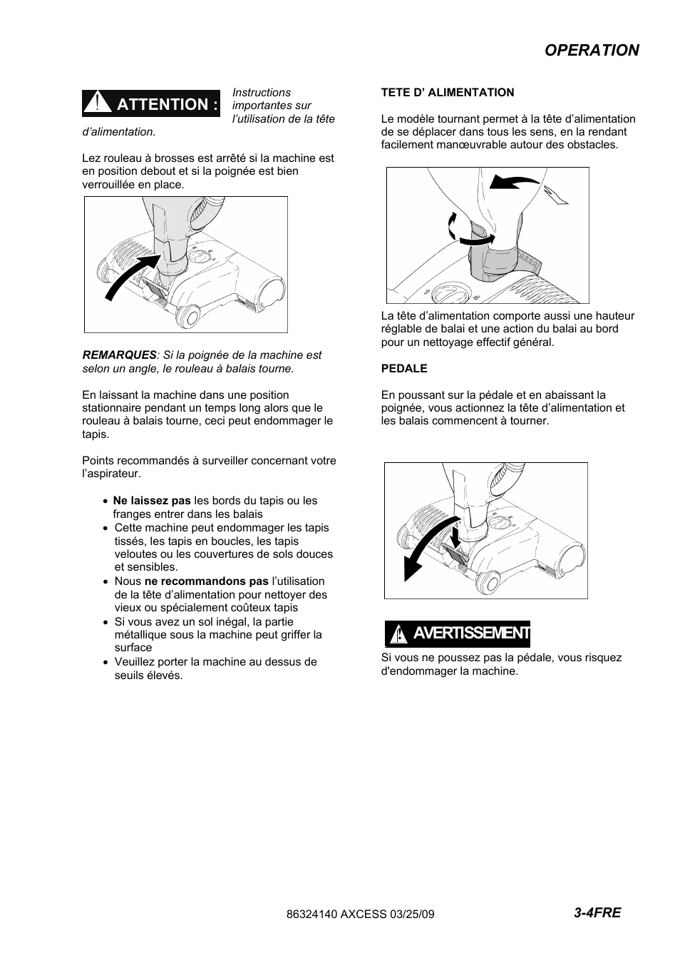 632-414-0 -pg3-4fre, Avertissement, Operation | Attention | Windsor AXCESS 12 1.012-062.0 User Manual | Page 25 / 52