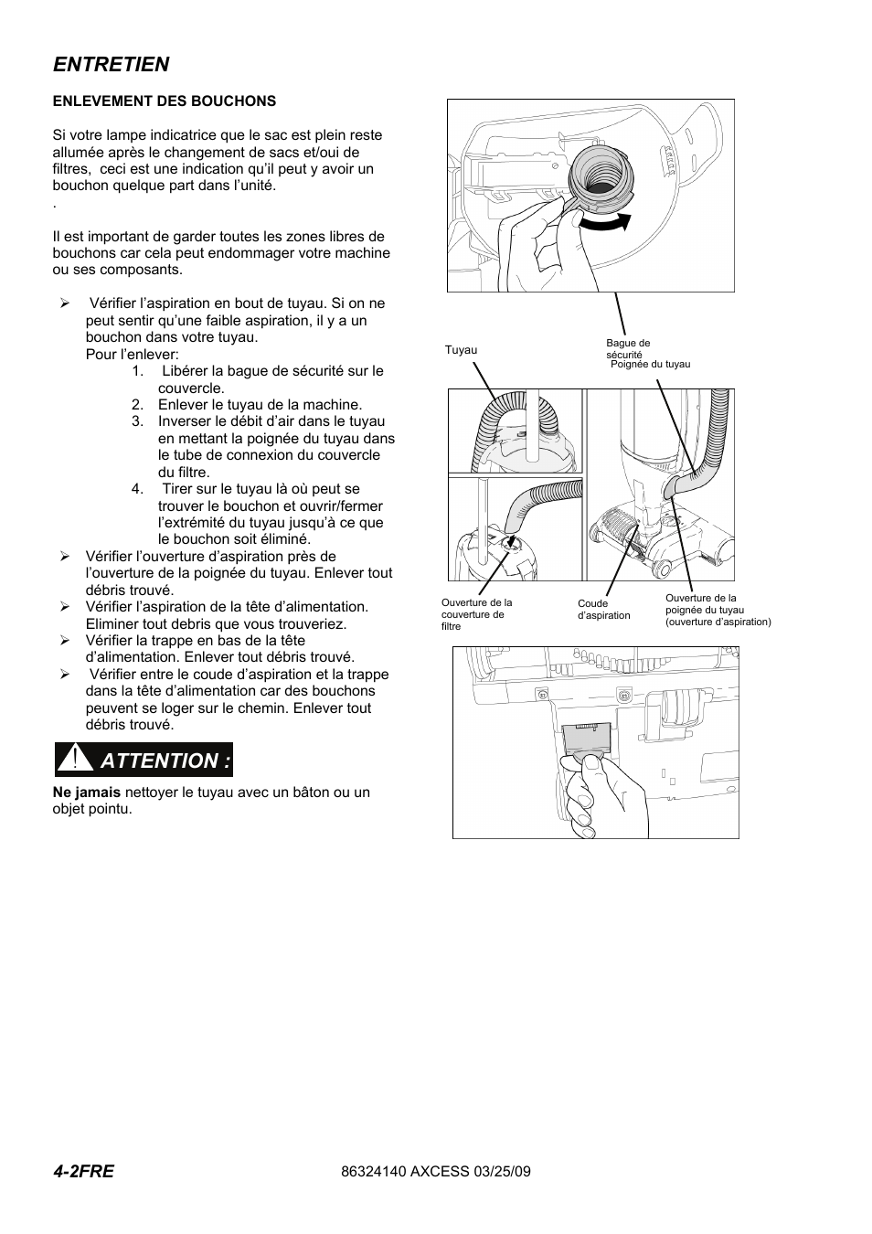 632-414-0 -pg4-2fre, Entretien, Attention | Windsor AXCESS 12 1.012-062.0 User Manual | Page 28 / 52