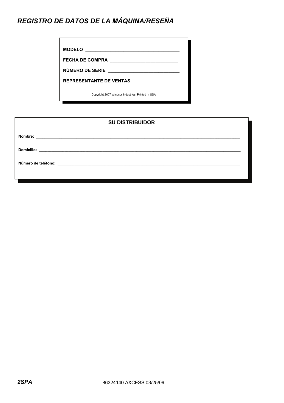 632-414-0 -pg2_spa, Registro de datos de la máquina/reseña, 2spa | Windsor AXCESS 12 1.012-062.0 User Manual | Page 30 / 52