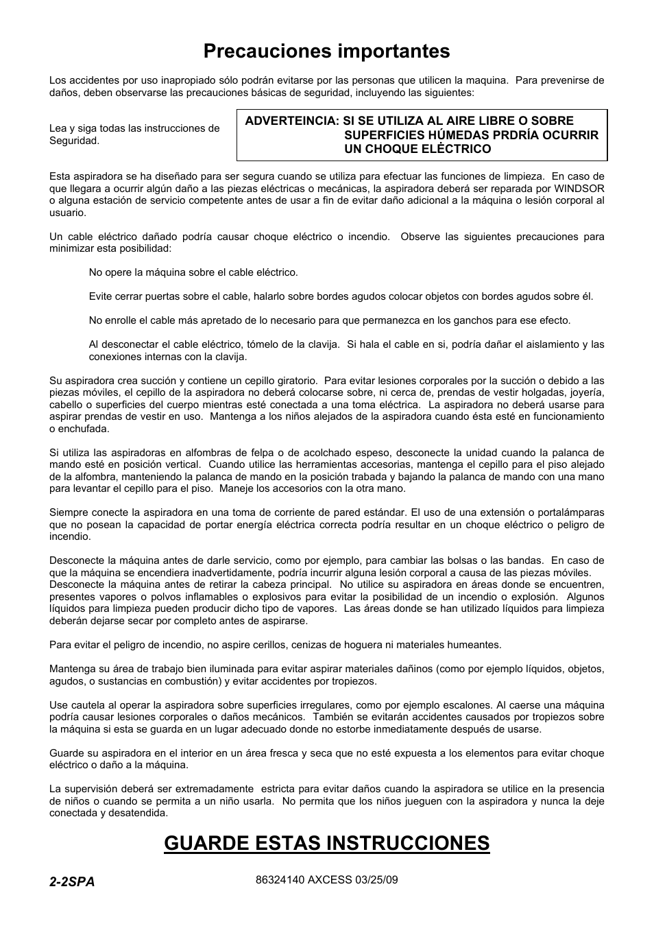 632-414-0 pg2-2_spa, Precauciones importantes, Guarde estas instrucciones | Windsor AXCESS 12 1.012-062.0 User Manual | Page 34 / 52