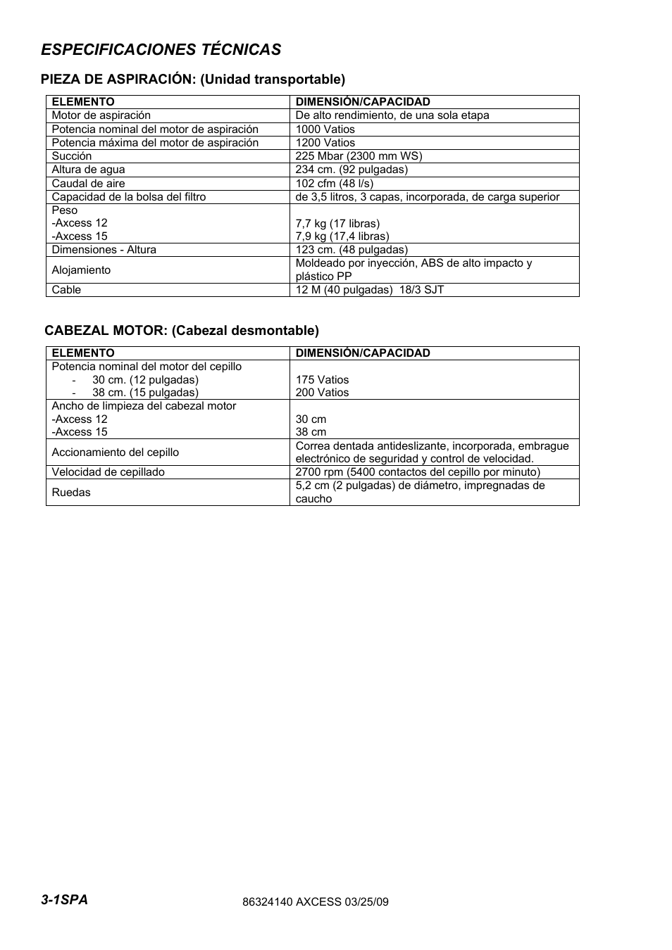 632-414-0 pg3-1_spa, Especificaciones técnicas | Windsor AXCESS 12 1.012-062.0 User Manual | Page 36 / 52