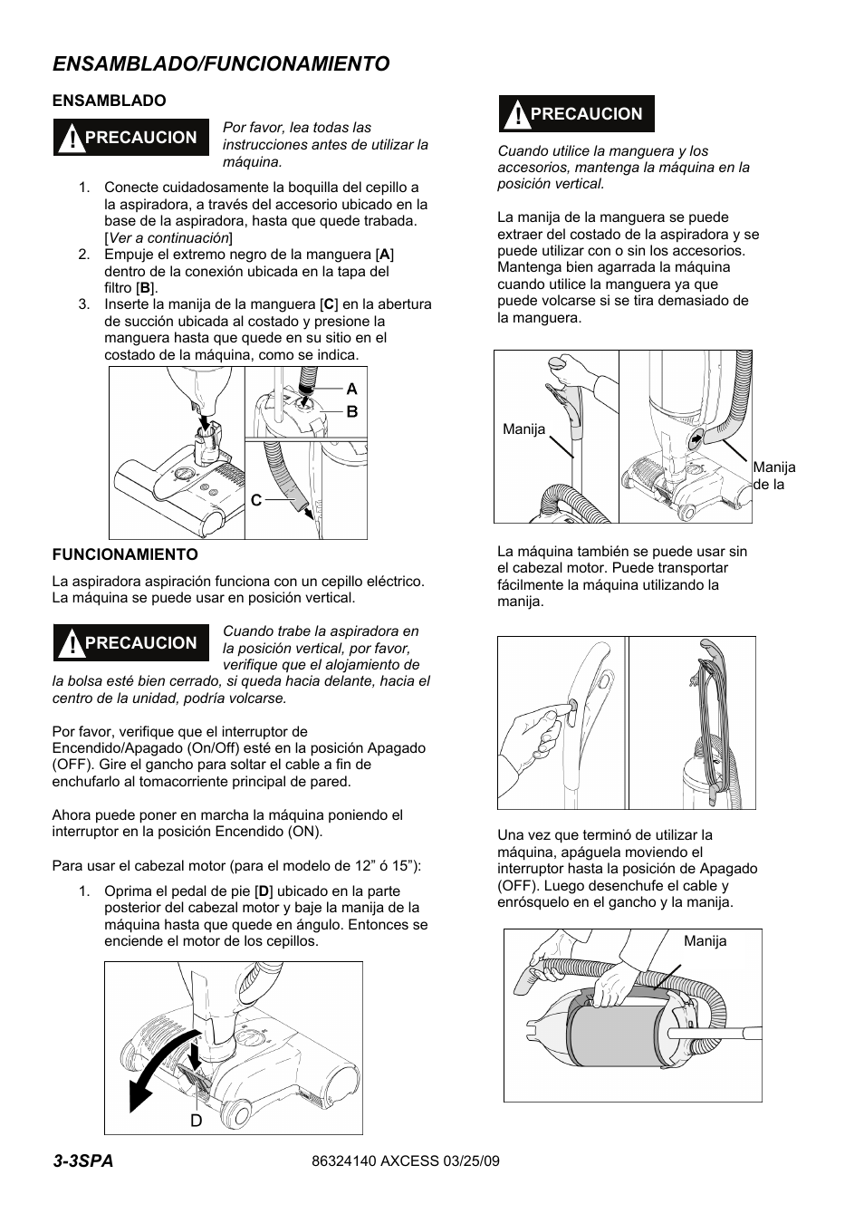 632-414-0 pg3-3_spa, Ensamblado/funcionamiento | Windsor AXCESS 12 1.012-062.0 User Manual | Page 38 / 52