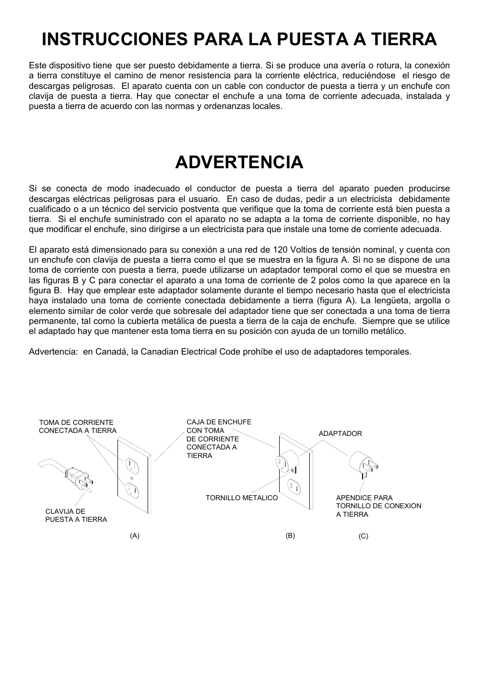 Instrucciones para la puesta a tierra, Advertencia | Windsor Sensor 10120300 User Manual | Page 5 / 18