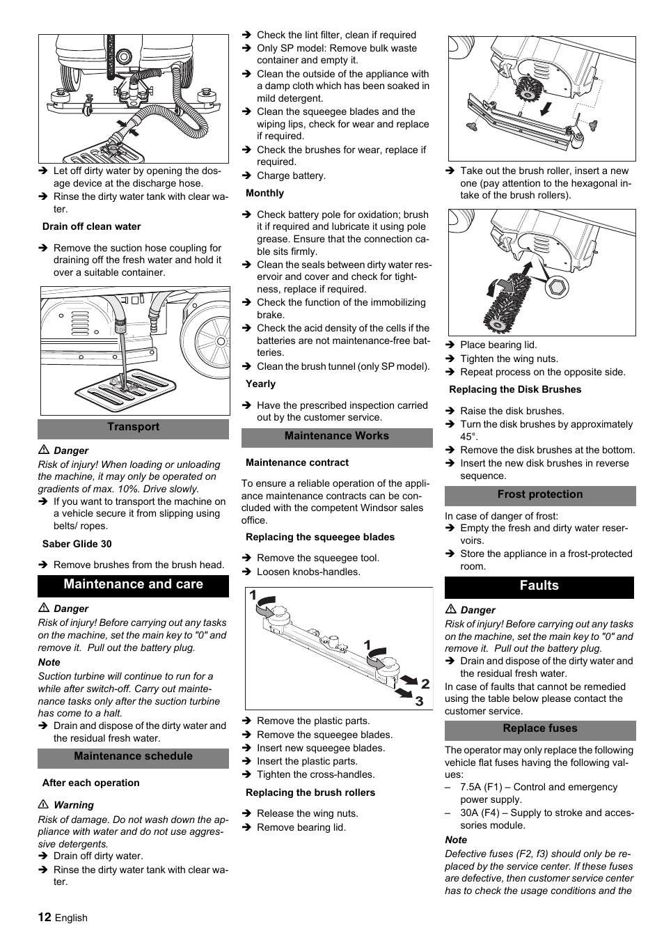 Maintenance and care, Faults | Windsor Saber Glide 30 SP User Manual | Page 12 / 53