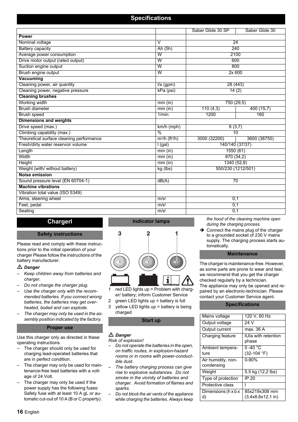 Specifications, Chargerl | Windsor Saber Glide 30 SP User Manual | Page 16 / 53