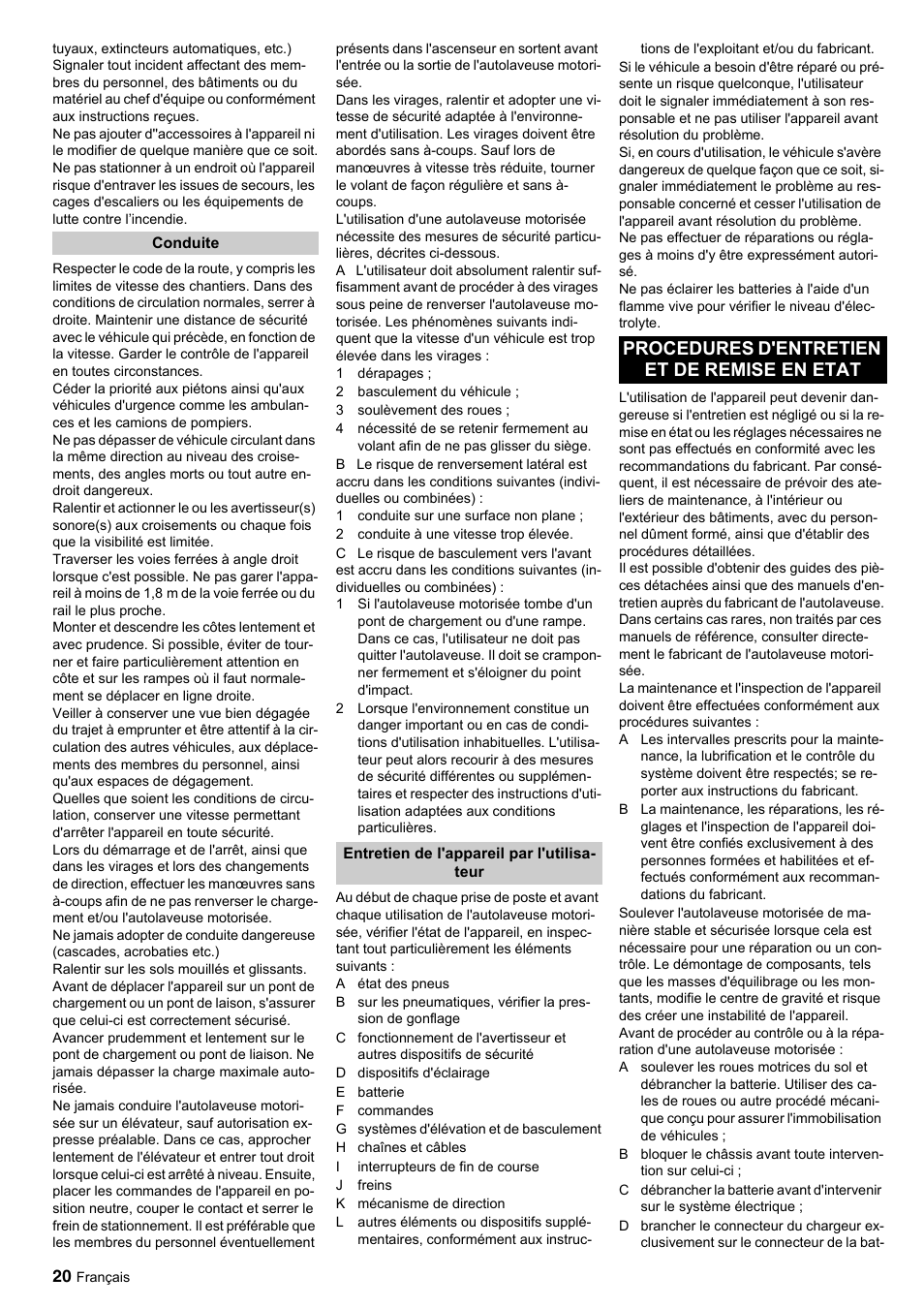 Procedures d'entretien et de remise en etat | Windsor Saber Glide 30 SP User Manual | Page 20 / 53