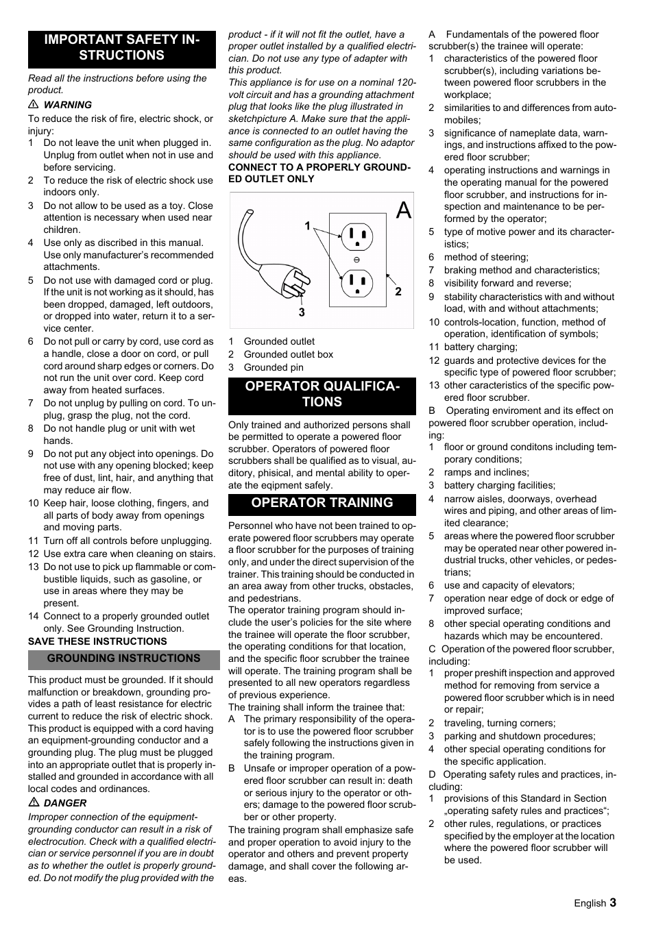 Important safety in- structions, Operator qualifica- tions operator training | Windsor Saber Glide 30 SP User Manual | Page 3 / 53