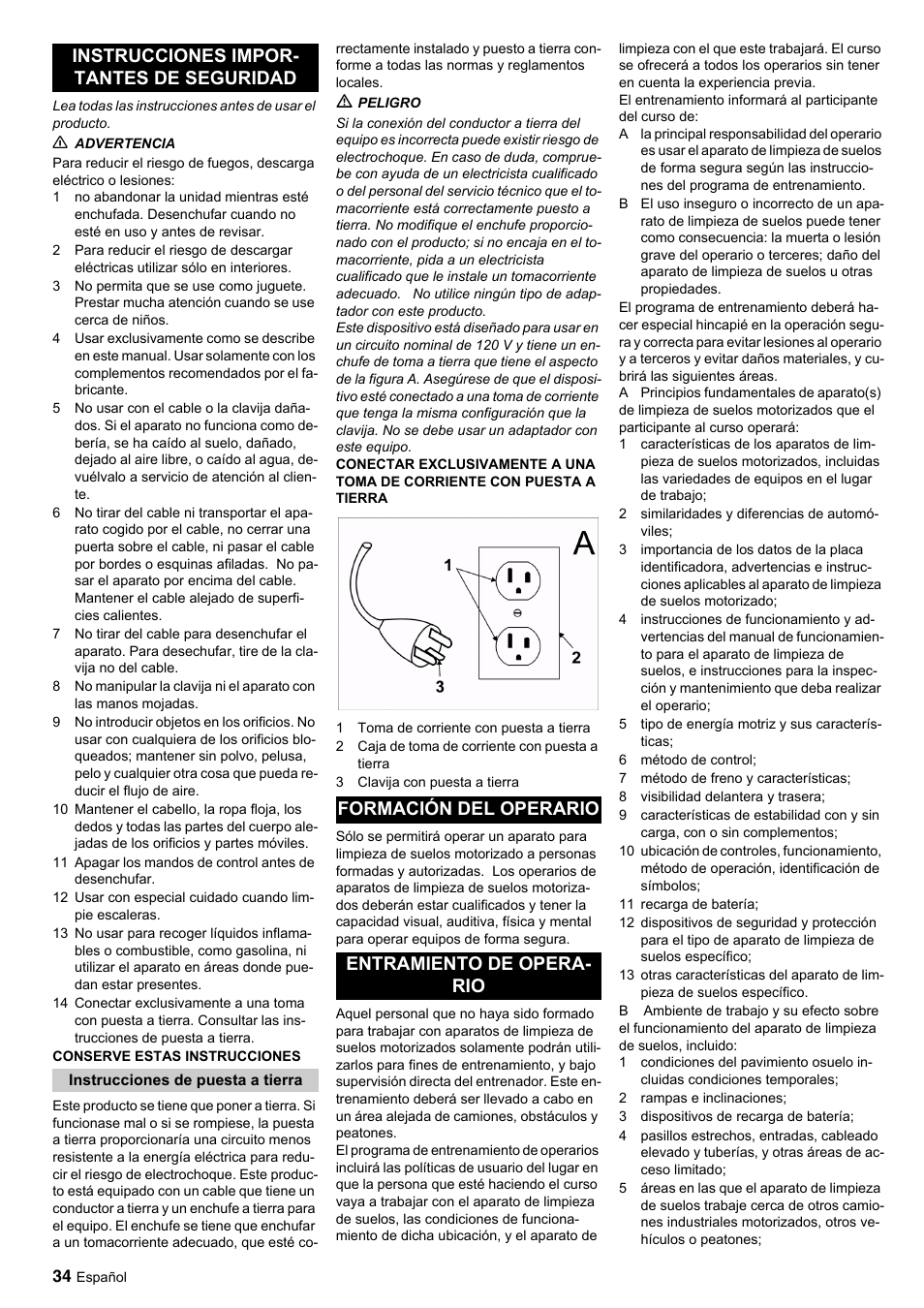 Instrucciones impor- tantes de seguridad, Formación del operario entramiento de opera- rio | Windsor Saber Glide 30 SP User Manual | Page 34 / 53