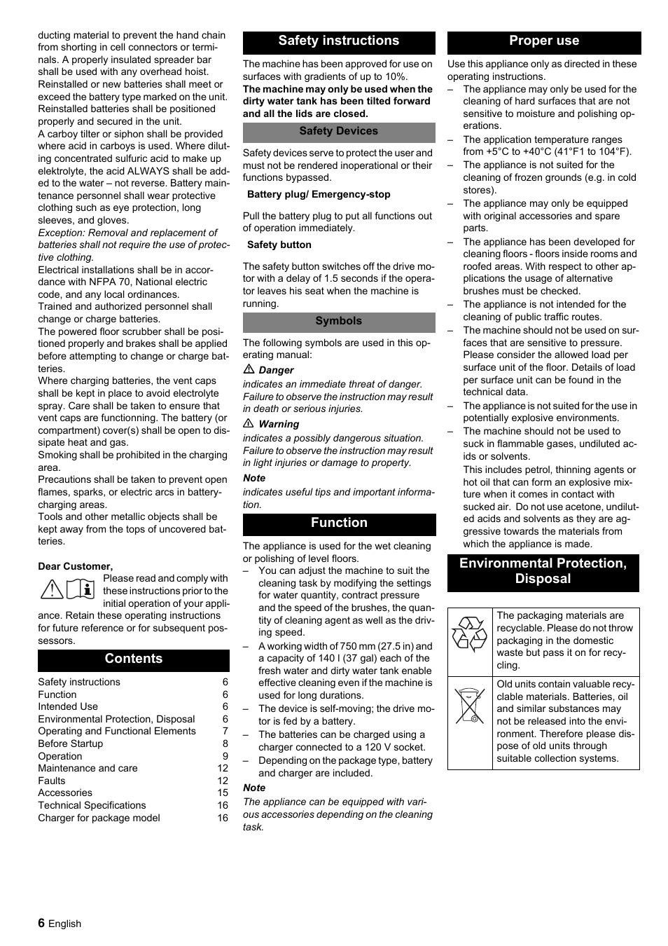 Contents safety instructions | Windsor Saber Glide 30 SP User Manual | Page 6 / 53