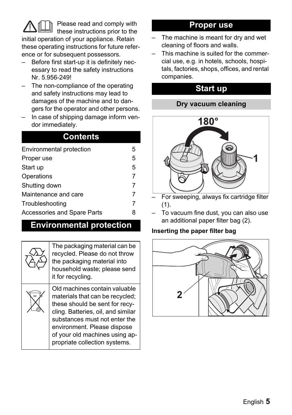 Contents environmental protection, Proper use start up | Windsor Recover 7 User Manual | Page 5 / 25