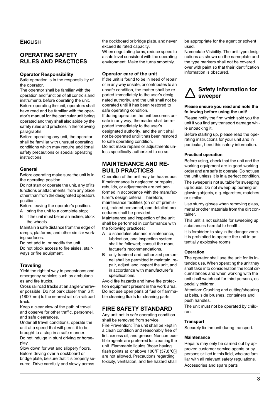 Operating safety rules and practices, Maintenance and re- build practices, Fire safety standard | Safety information for sweeper | Windsor Sweepers User Manual | Page 3 / 13