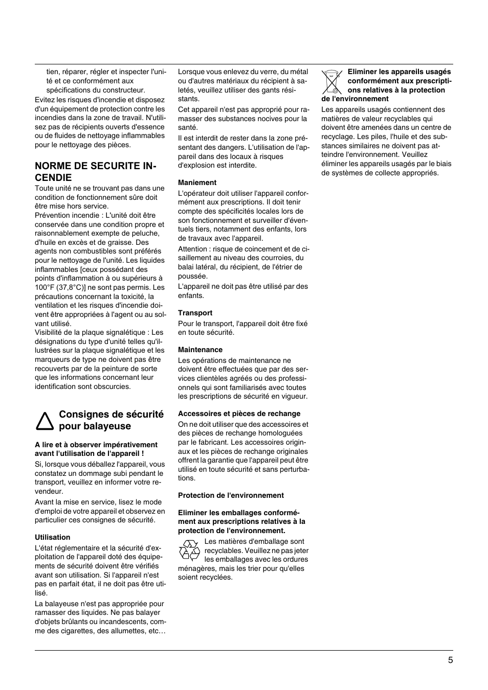 Norme de securite in- cendie, Consignes de sécurité pour balayeuse | Windsor Sweepers User Manual | Page 5 / 13