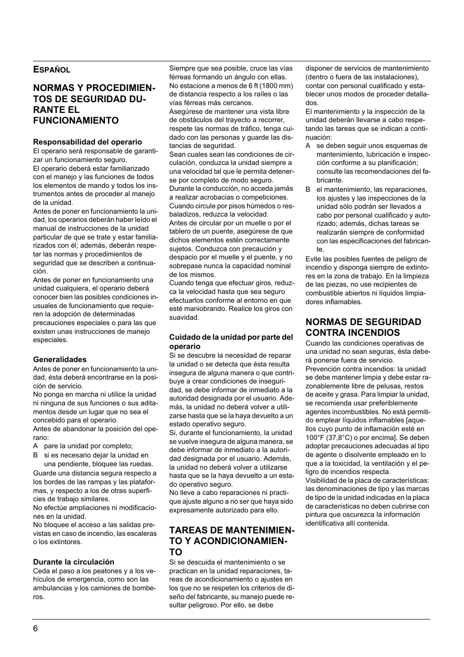 Tareas de mantenimien- to y acondicionamien- to, Normas de seguridad contra incendios | Windsor Sweepers User Manual | Page 6 / 13