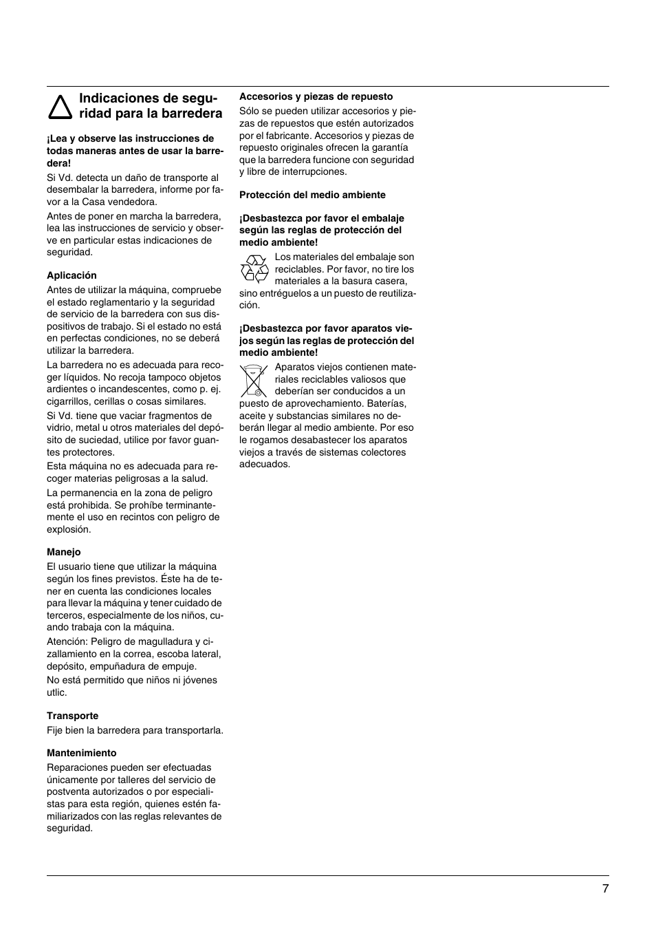 Indicaciones de segu- ridad para la barredera | Windsor Sweepers User Manual | Page 7 / 13