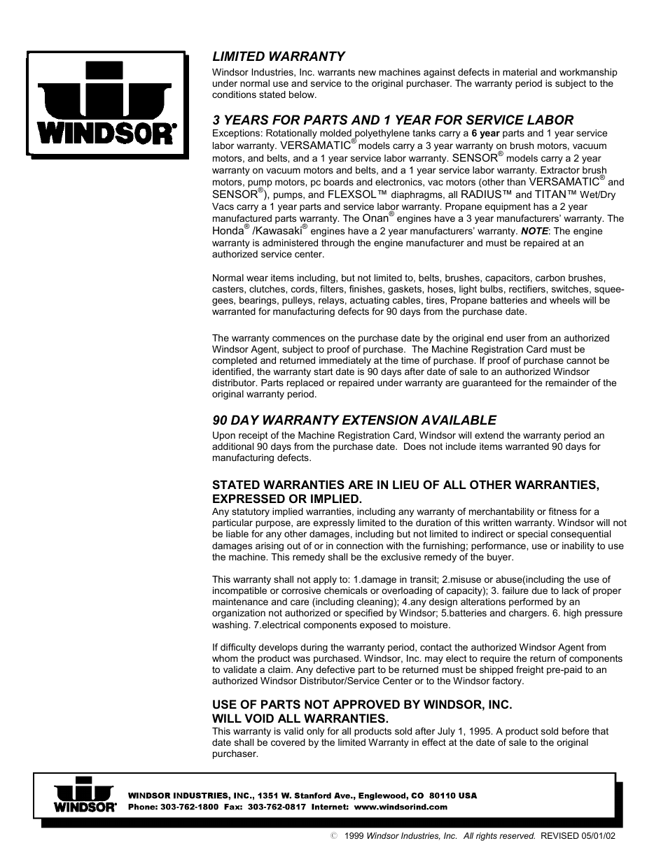 Limited warranty, 3 years for parts and 1 year for service labor, 90 day warranty extension available | Windsor TRIDENT COMPACT TCZOE User Manual | Page 26 / 26
