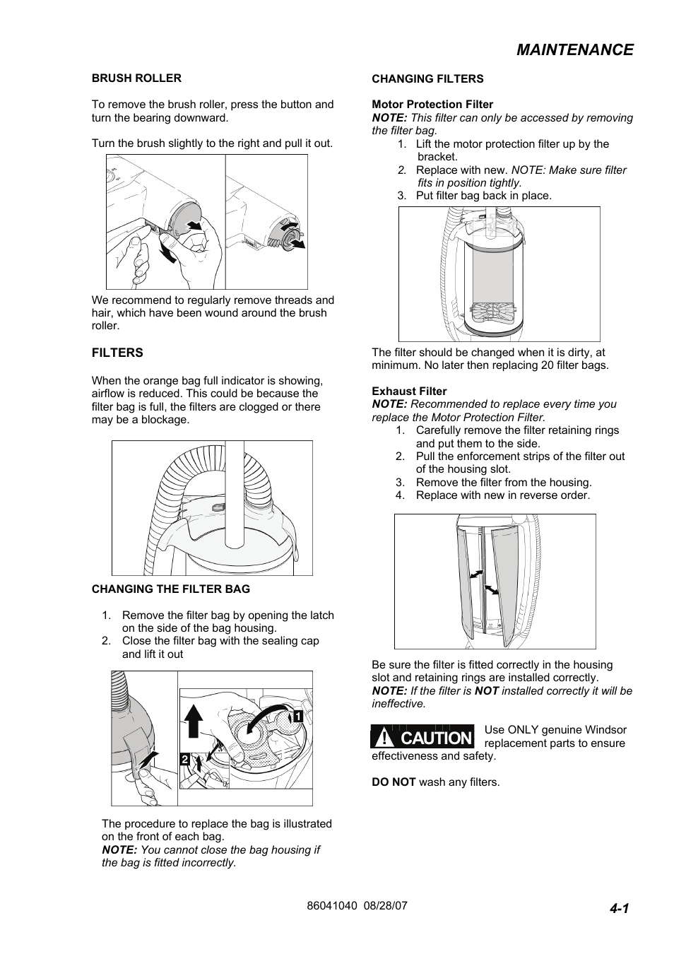 86041040 pg 4-1eng, Caution, Maintenance | Windsor Flexamatic FM15 10120040 User Manual | Page 13 / 47