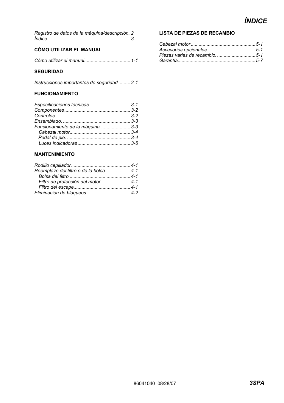 86041040-pg3_spa, Índice | Windsor Flexamatic FM15 10120040 User Manual | Page 17 / 47