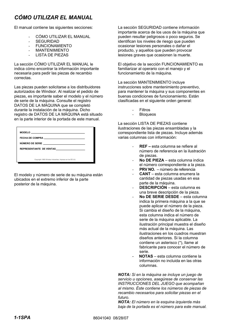 86041040pg1-1_spa, Cómo utilizar el manual, 1spa | Windsor Flexamatic FM15 10120040 User Manual | Page 18 / 47