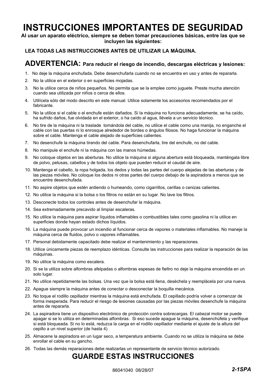 86041040pg2-1_spa, Instrucciones importantes de seguridad, Advertencia | Guarde estas instrucciones | Windsor Flexamatic FM15 10120040 User Manual | Page 19 / 47