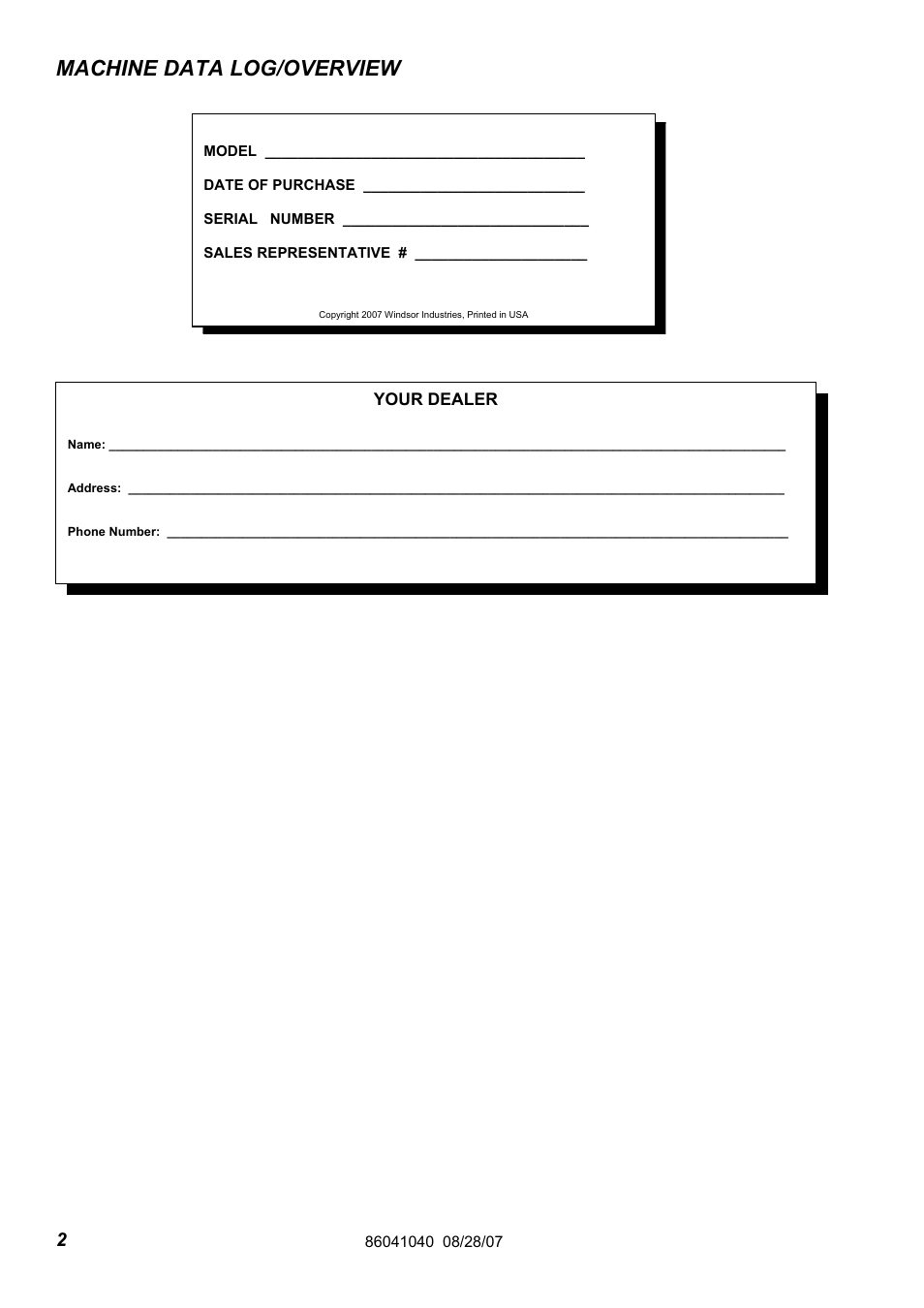 86041040 pg 2 eng, Machine data log/overview | Windsor Flexamatic FM15 10120040 User Manual | Page 2 / 47