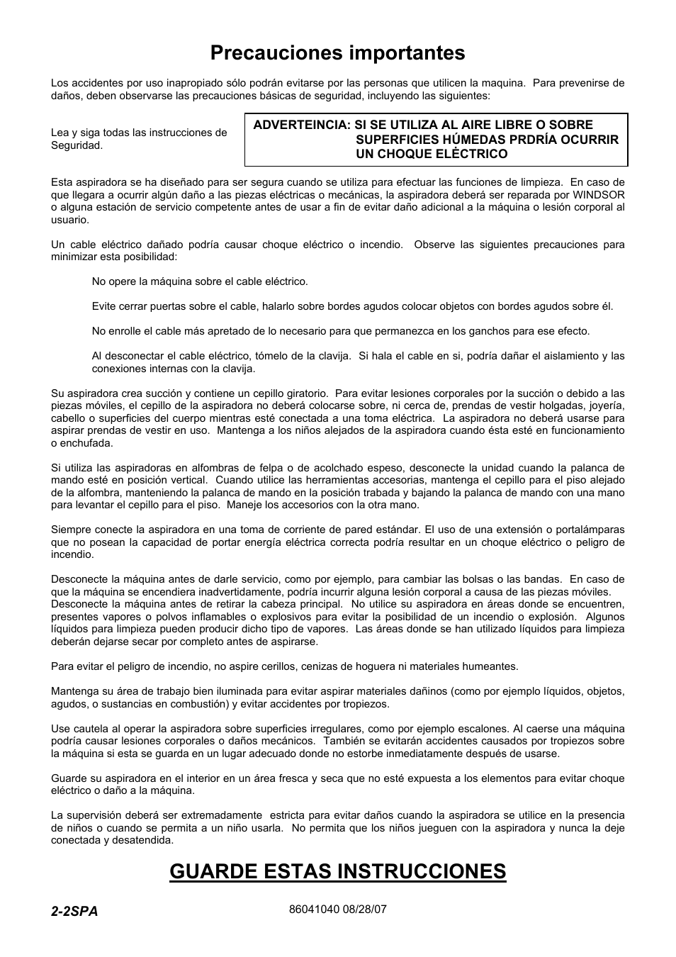 86041040pg2-2_spa, Precauciones importantes, Guarde estas instrucciones | Windsor Flexamatic FM15 10120040 User Manual | Page 20 / 47