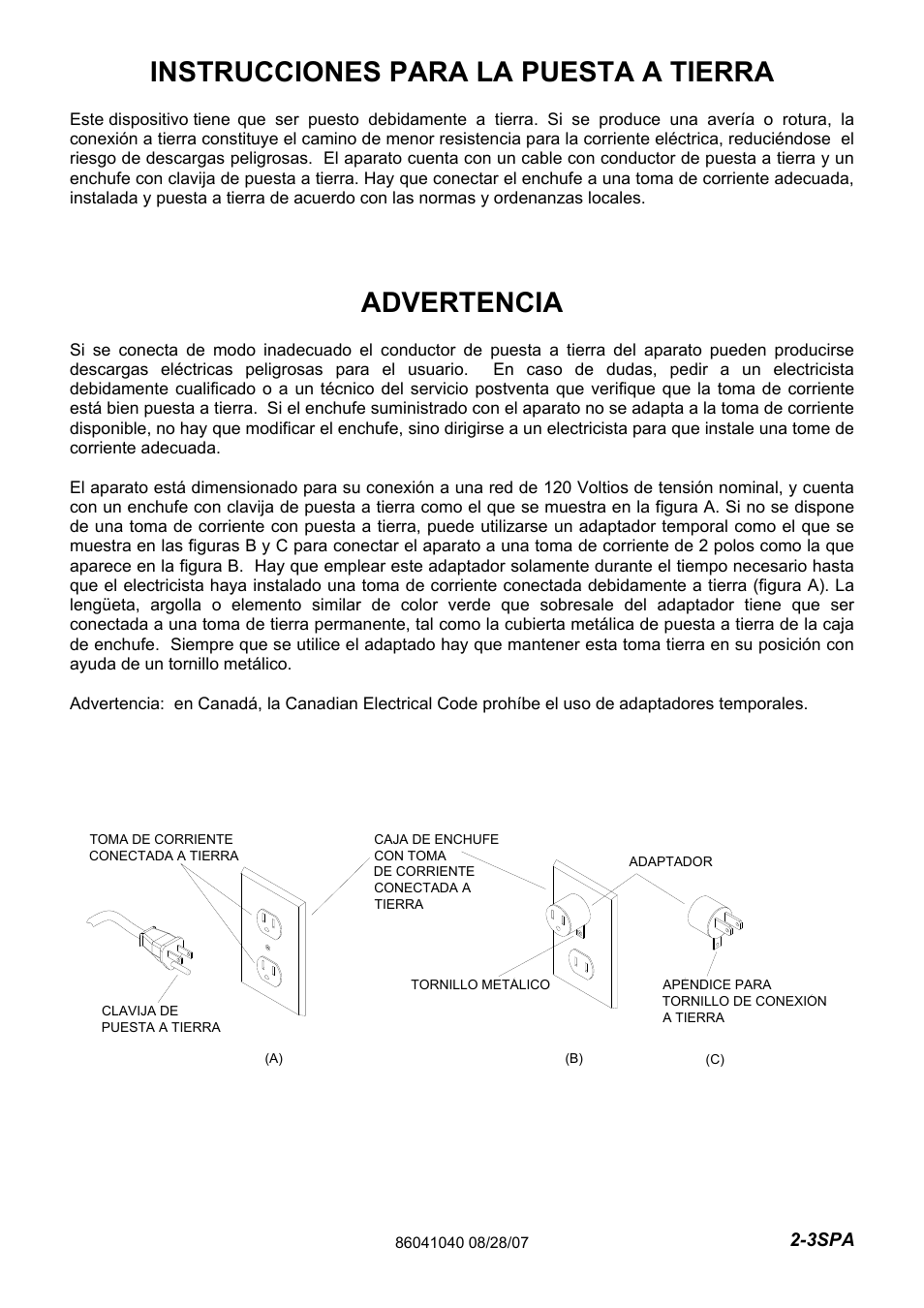 86041040pg2-3_spa, Instrucciones para la puesta a tierra, Advertencia | Windsor Flexamatic FM15 10120040 User Manual | Page 21 / 47