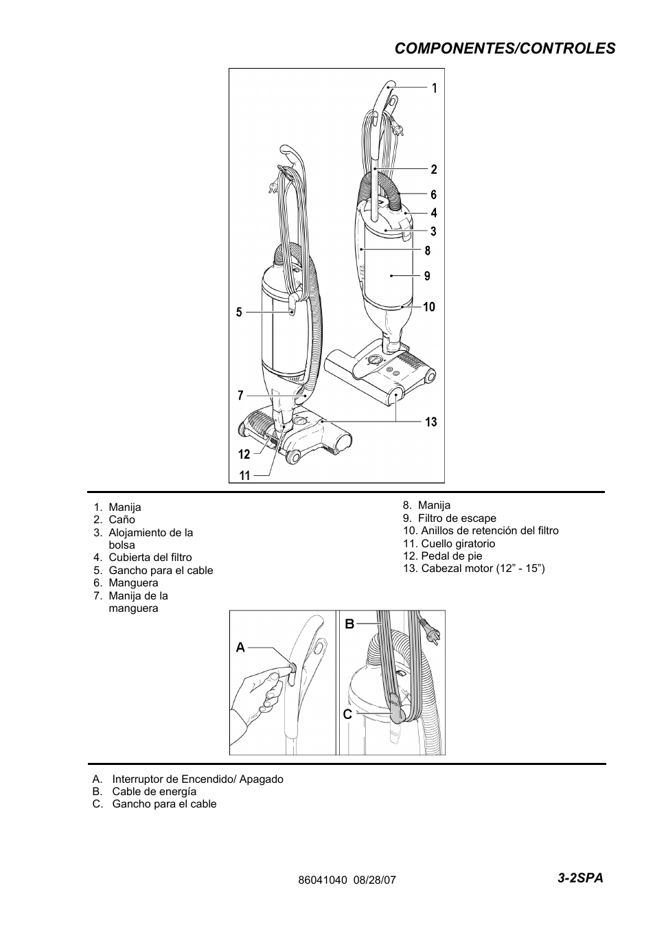 86041040pg3-2_spa, Componentes/controles | Windsor Flexamatic FM15 10120040 User Manual | Page 23 / 47