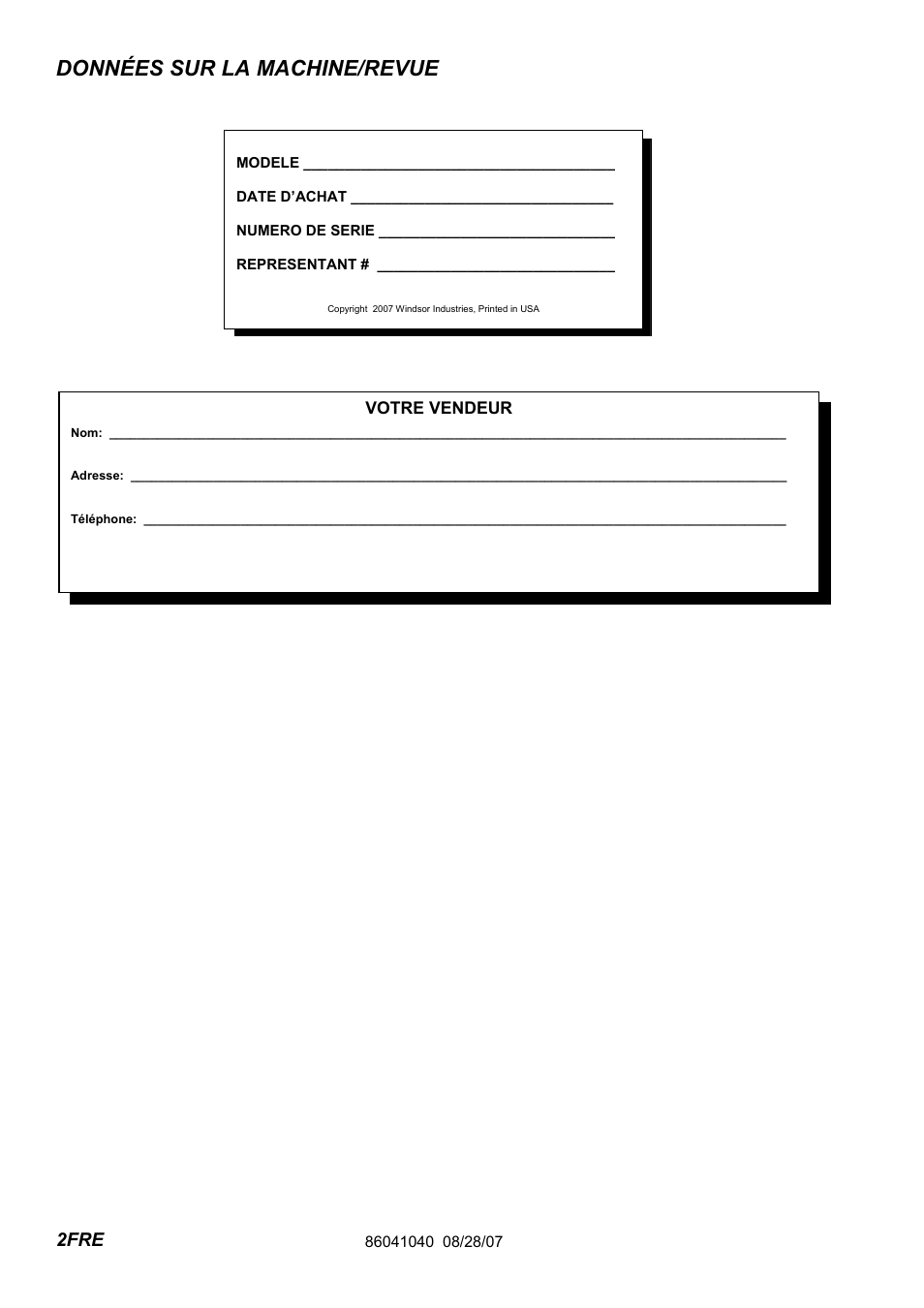 86041040pg2fre, Données sur la machine/revue, 2fre | Windsor Flexamatic FM15 10120040 User Manual | Page 30 / 47