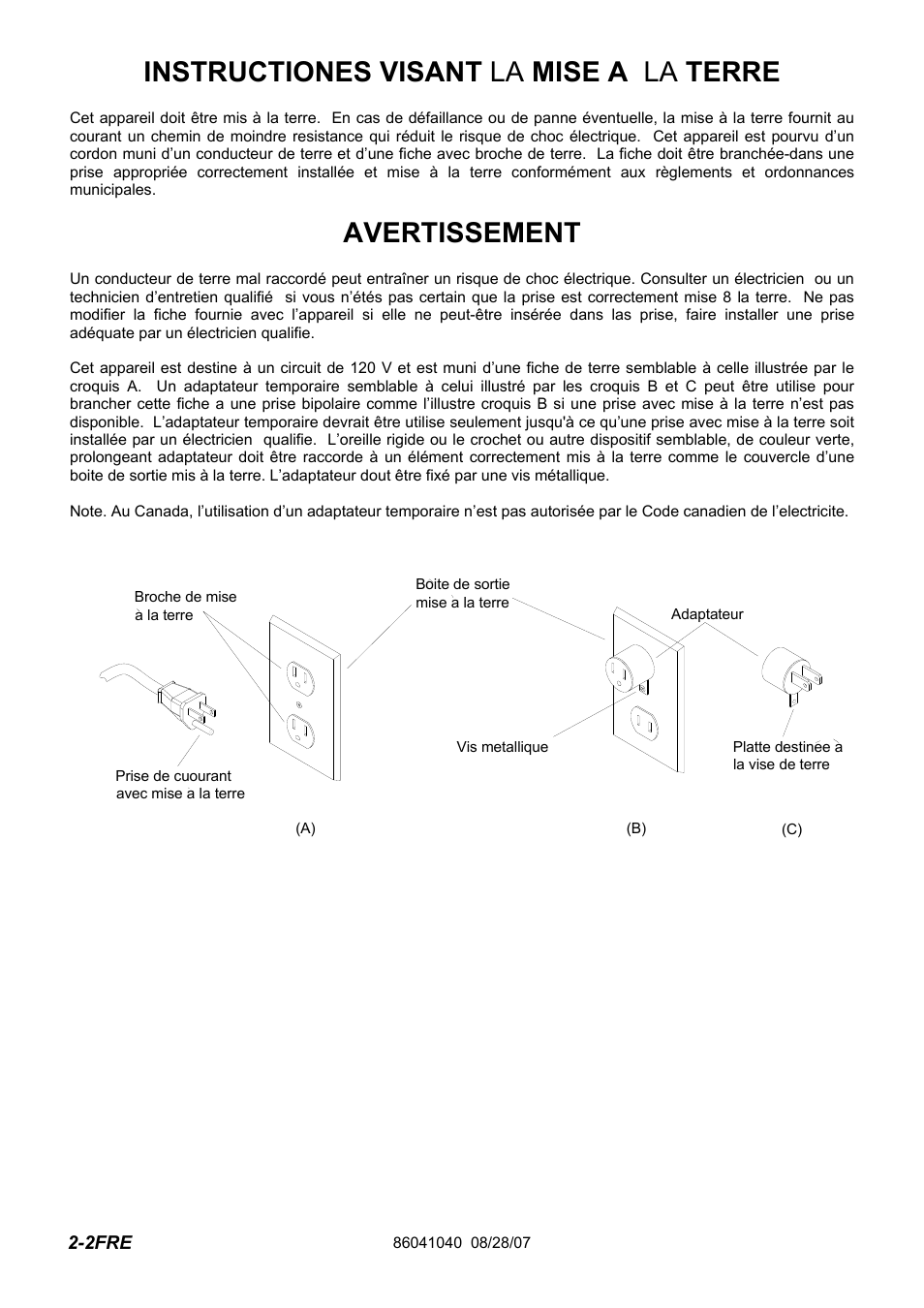 86041040-pg2-2fre, Instructiones visant la mise a la terre, Avertissement | Windsor Flexamatic FM15 10120040 User Manual | Page 34 / 47