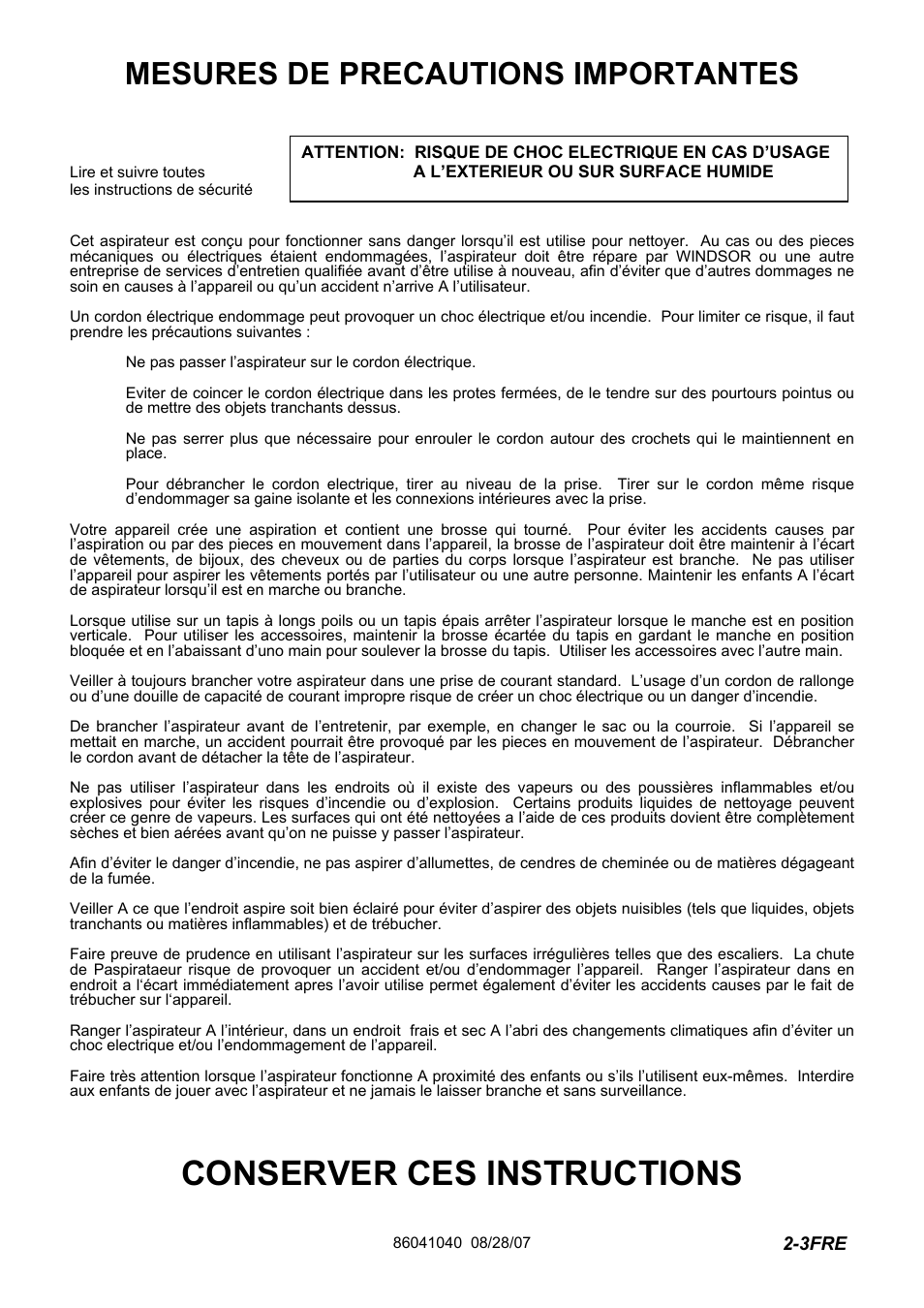 86041040-pg2-3fre, Conserver ces instructions, Mesures de precautions importantes | Windsor Flexamatic FM15 10120040 User Manual | Page 35 / 47