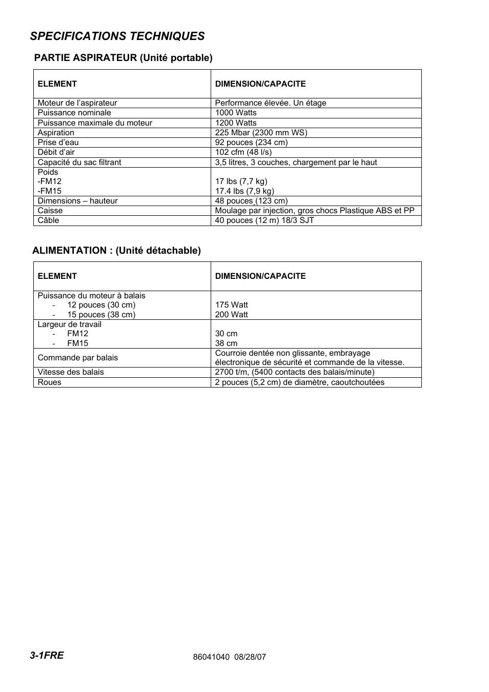 86041040-pg3-1fre, Specifications techniques | Windsor Flexamatic FM15 10120040 User Manual | Page 36 / 47