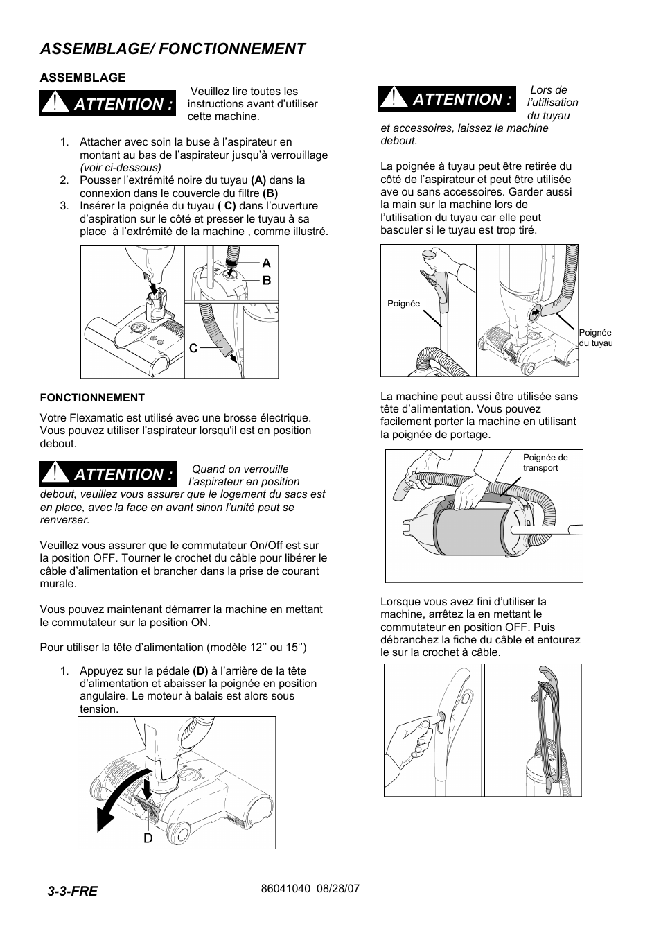 86041040-pg3-3fre, Assemblage/ fonctionnement, Attention | Windsor Flexamatic FM15 10120040 User Manual | Page 38 / 47