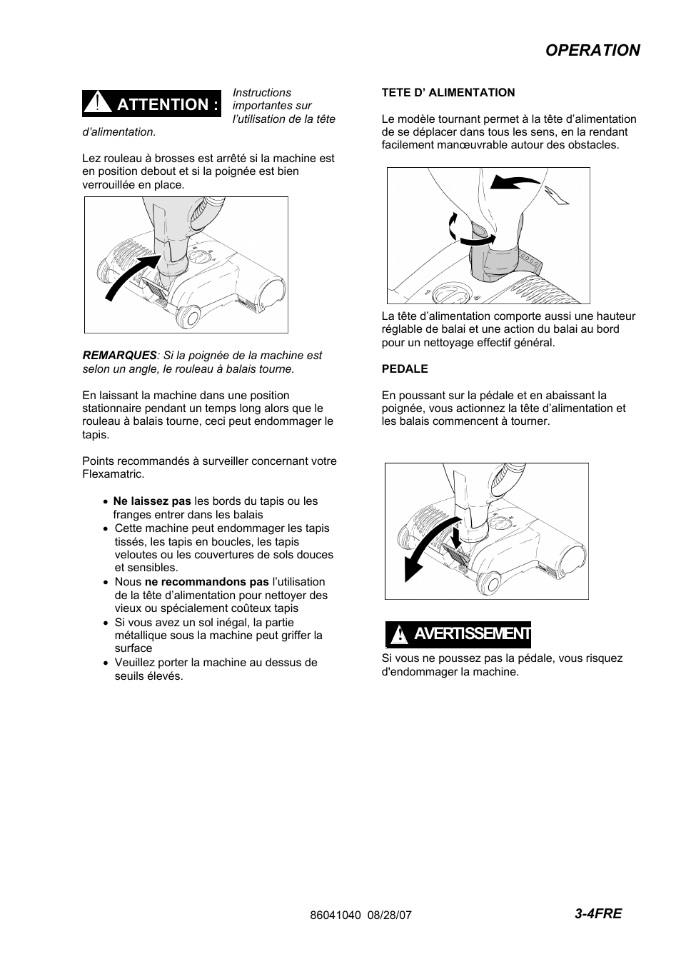 86041040-pg3-4fre, Avertissement, Operation | Attention | Windsor Flexamatic FM15 10120040 User Manual | Page 39 / 47