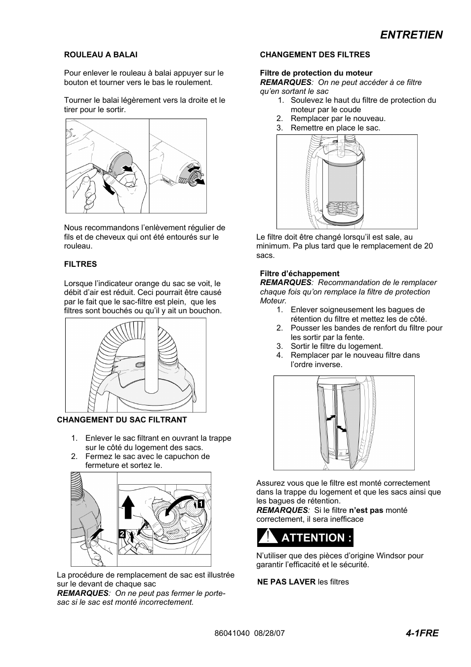 86041040-pg4-1fre, Entretien, Attention | Windsor Flexamatic FM15 10120040 User Manual | Page 41 / 47